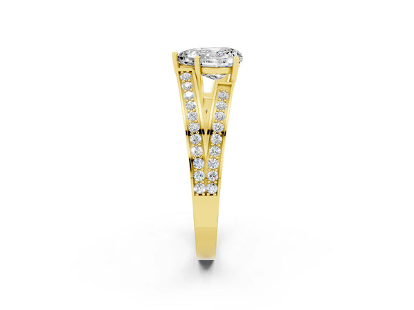 Yellow gold Heart Cut Moissanite Split Shank Ring with Pavé Band and Four-Prong Setting