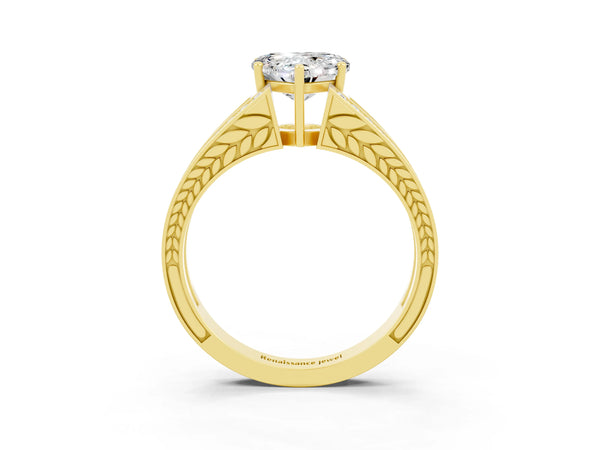 Yellow gold Heart Cut Moissanite Split Shank Ring with Pavé Band and Four-Prong Setting