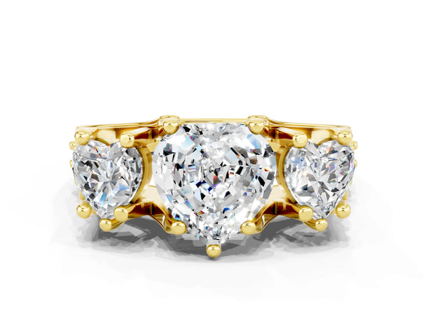 Yellow gold Heart Cut Moissanite Three-Stone Ring with Channel Set Band and Four-Prong Setting