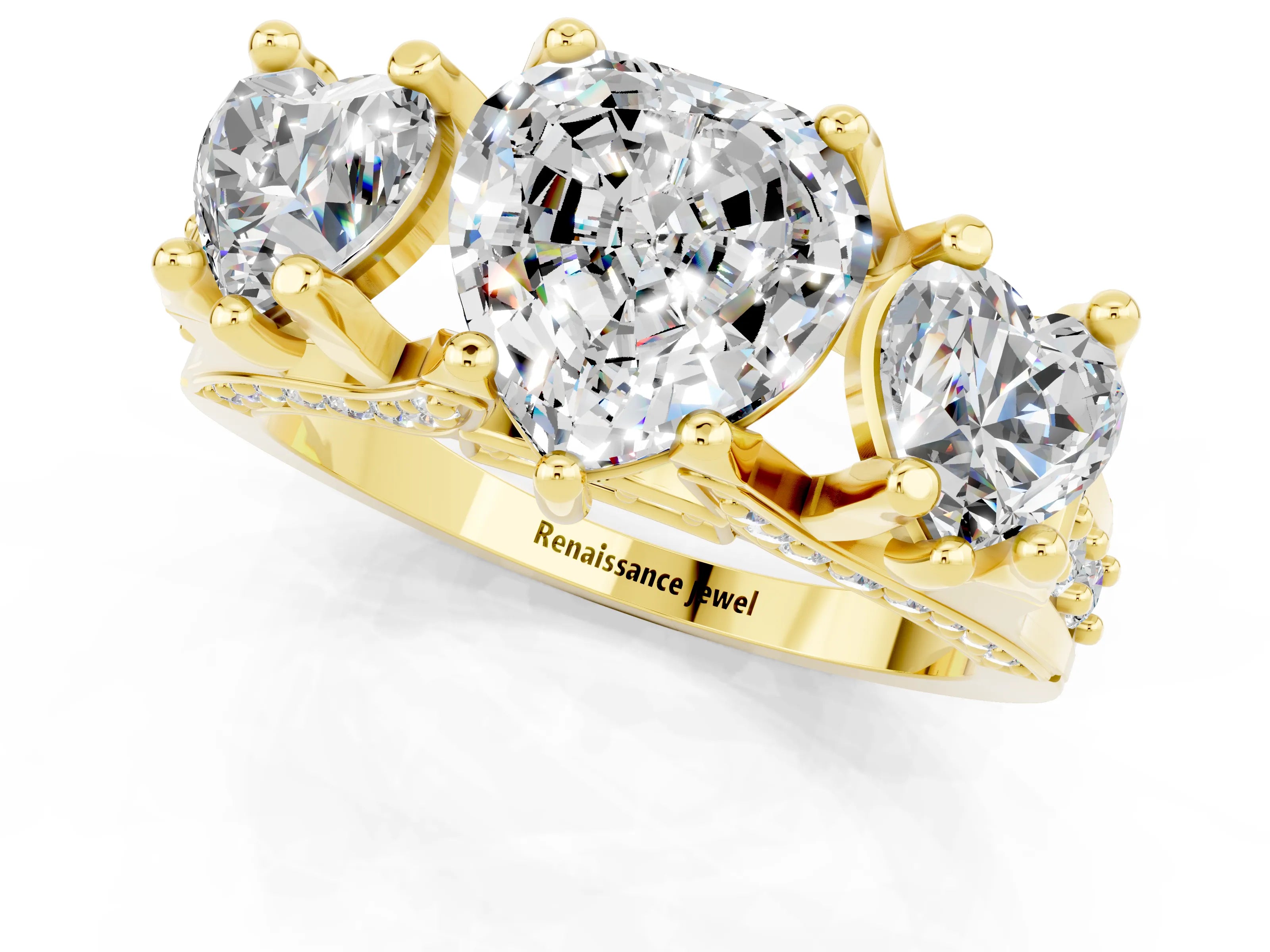 Yellow gold Heart Cut Moissanite Three-Stone Ring with Channel Set Band and Four-Prong Setting_1