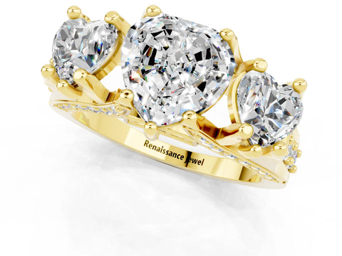 Yellow gold Heart Cut Moissanite Three-Stone Ring with Channel Set Band and Four-Prong Setting_1