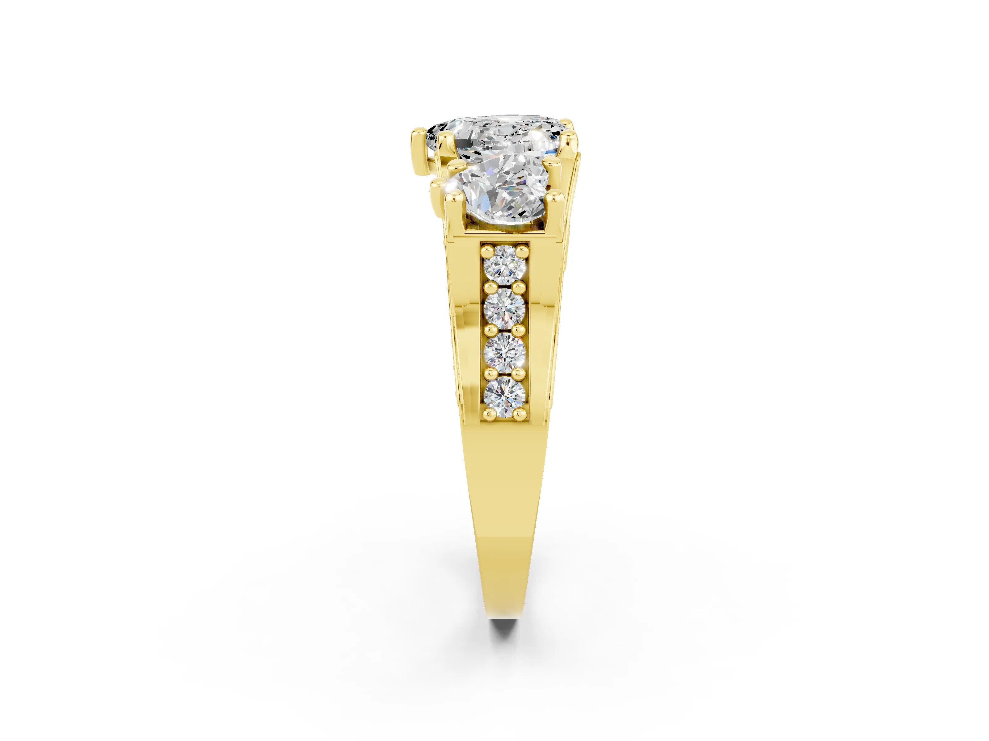 Yellow gold Heart Cut Moissanite Three-Stone Ring with Channel Set Band and Four-Prong Setting_2