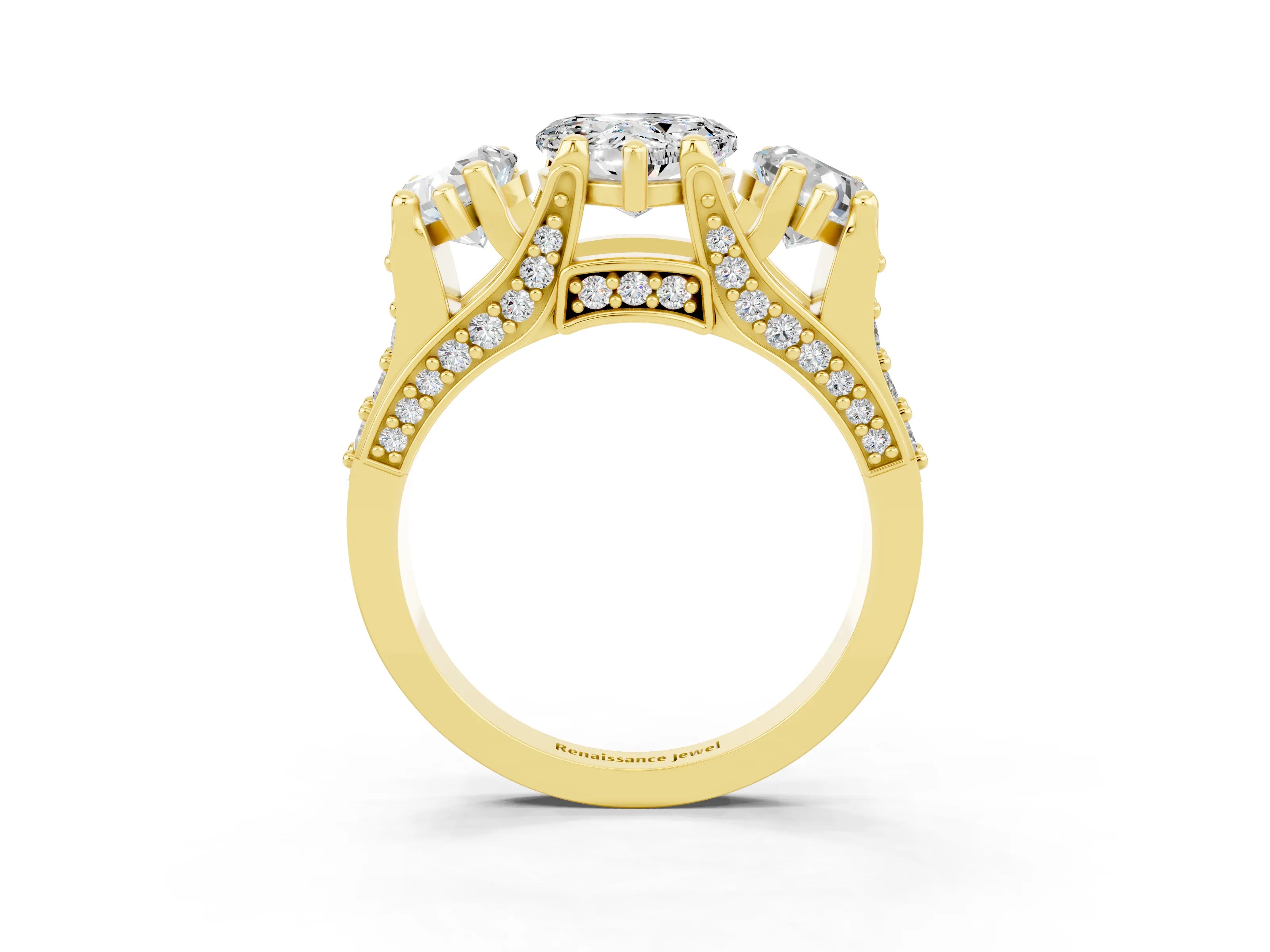 Yellow gold Heart Cut Moissanite Three-Stone Ring with Channel Set Band and Four-Prong Setting_3