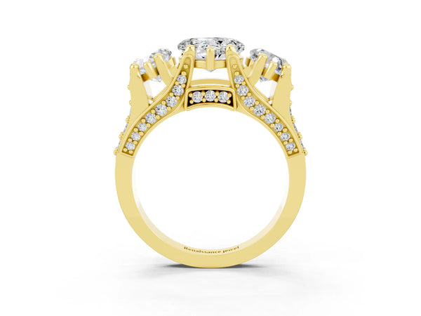 Yellow gold Heart Cut Moissanite Three-Stone Ring with Channel Set Band and Four-Prong Setting
