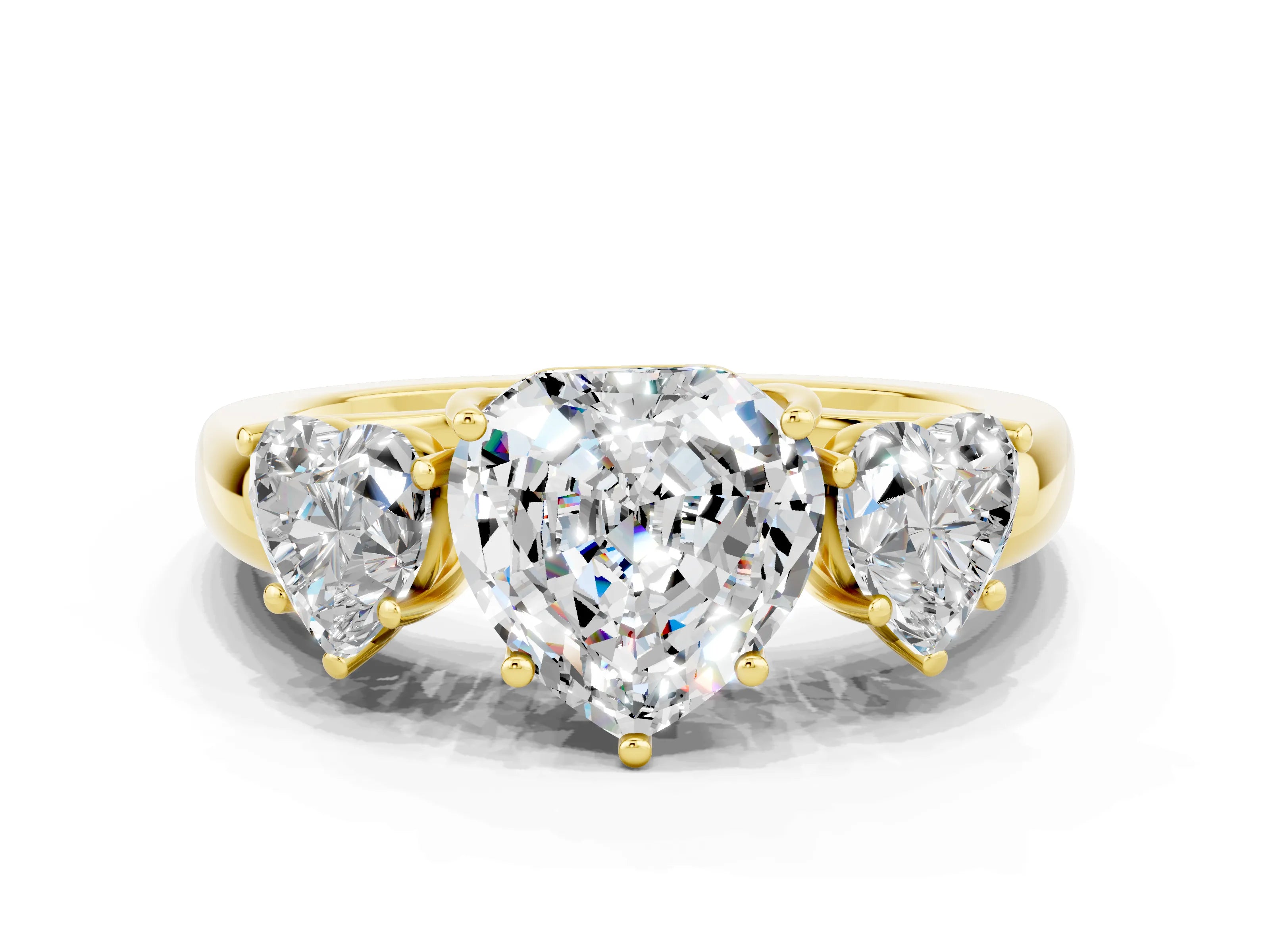 Yellow gold Heart Cut Moissanite Three-Stone Ring with Four-Prong Setting and Classic Band