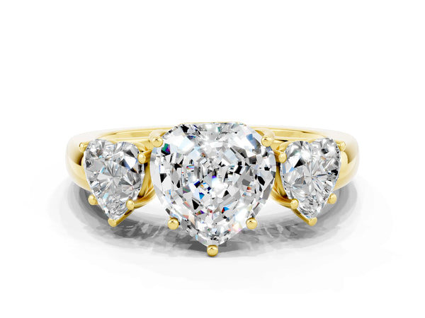 Yellow gold Heart Cut Moissanite Three-Stone Ring with Four-Prong Setting and Classic Band