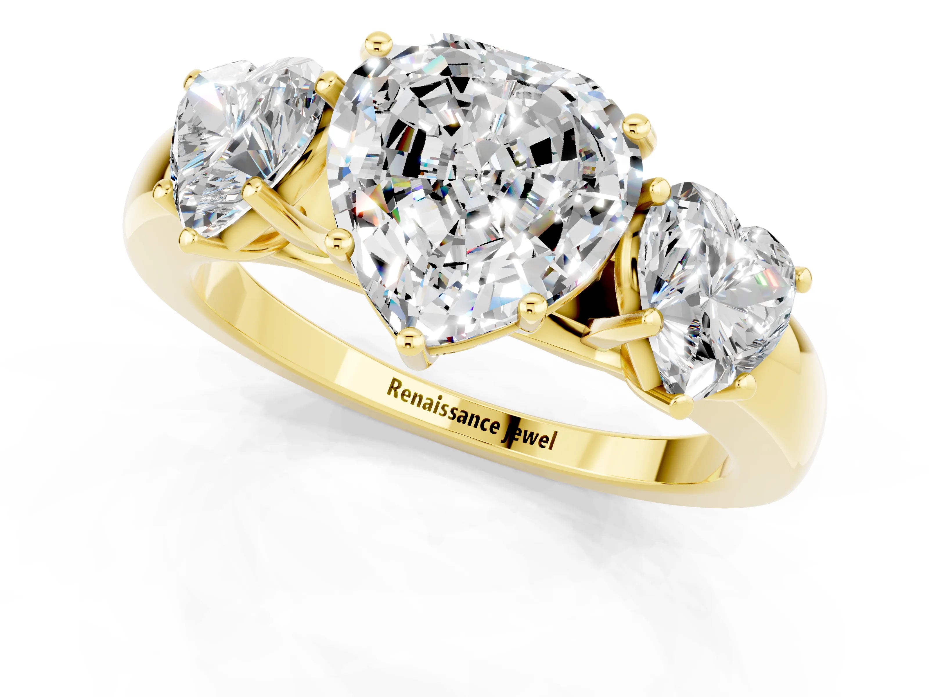 Yellow gold Heart Cut Moissanite Three-Stone Ring with Four-Prong Setting and Classic Band_1