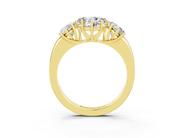 Yellow gold Heart Cut Moissanite Three-Stone Ring with Four-Prong Setting and Classic Band