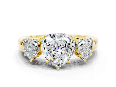 Yellow gold Heart Cut Moissanite Three-Stone Ring with Four-Prong Setting and Classic Band