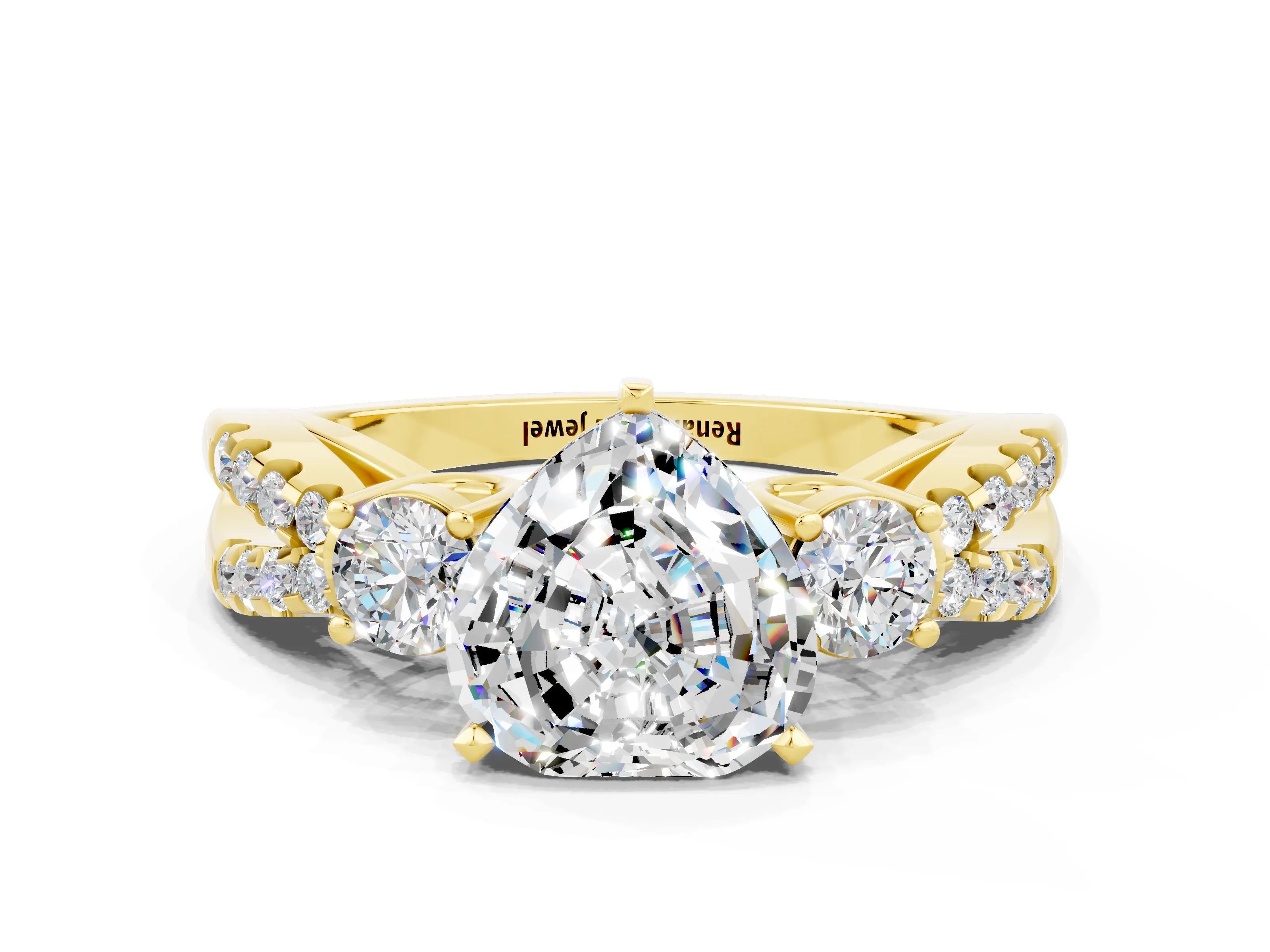 Yellow gold Heart Cut Moissanite Three-Stone Ring with Pavé Split Shank and Four-Prong Setting