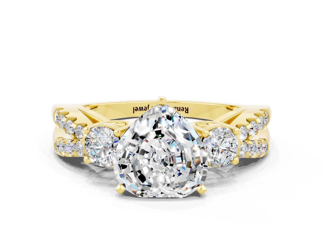 Yellow gold Heart Cut Moissanite Three-Stone Ring with Pavé Split Shank and Four-Prong Setting