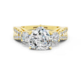 Yellow gold Heart Cut Moissanite Three-Stone Ring with Pavé Split Shank and Four-Prong Setting
