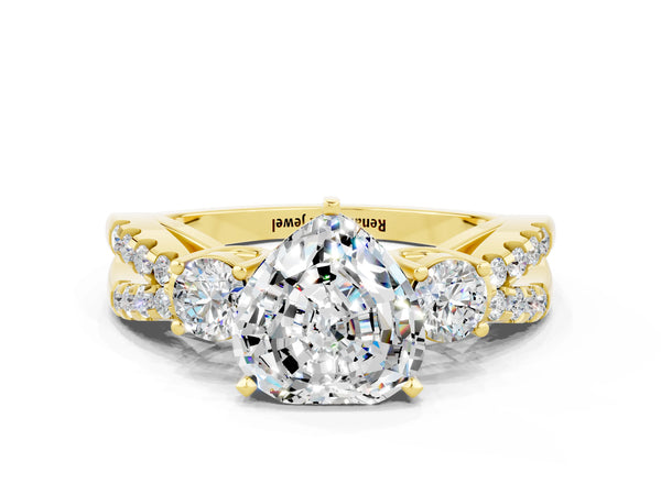 Yellow gold Heart Cut Moissanite Three-Stone Ring with Pavé Split Shank and Four-Prong Setting