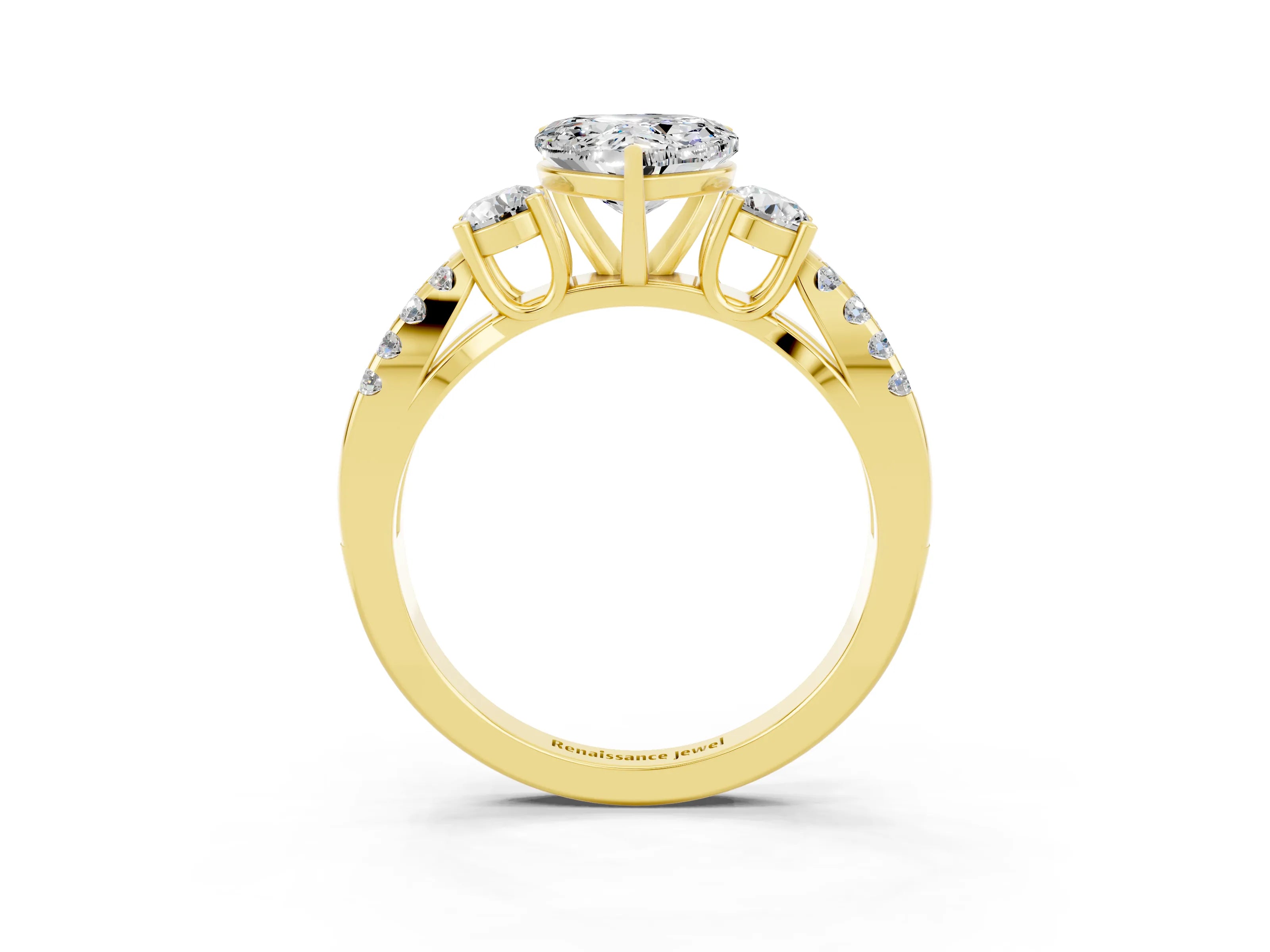 Yellow gold Heart Cut Moissanite Three-Stone Ring with Pavé Split Shank and Four-Prong Setting_3