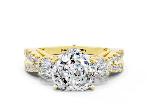 Yellow gold Heart Cut Moissanite Three-Stone Ring with Pavé Split Shank and Four-Prong Setting