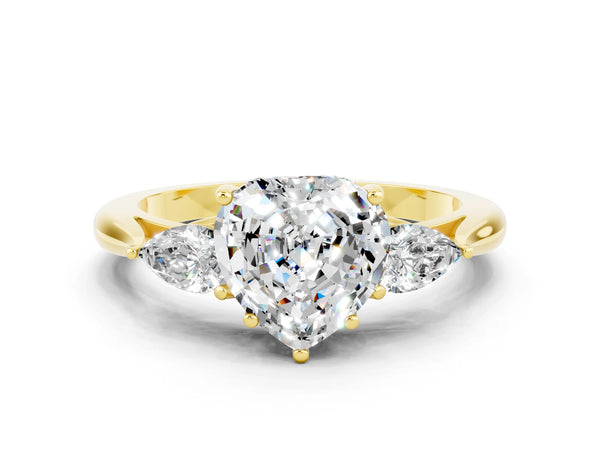 Yellow gold Heart Cut Moissanite Three-Stone Ring with Pear  Side Stones and Prong Setting