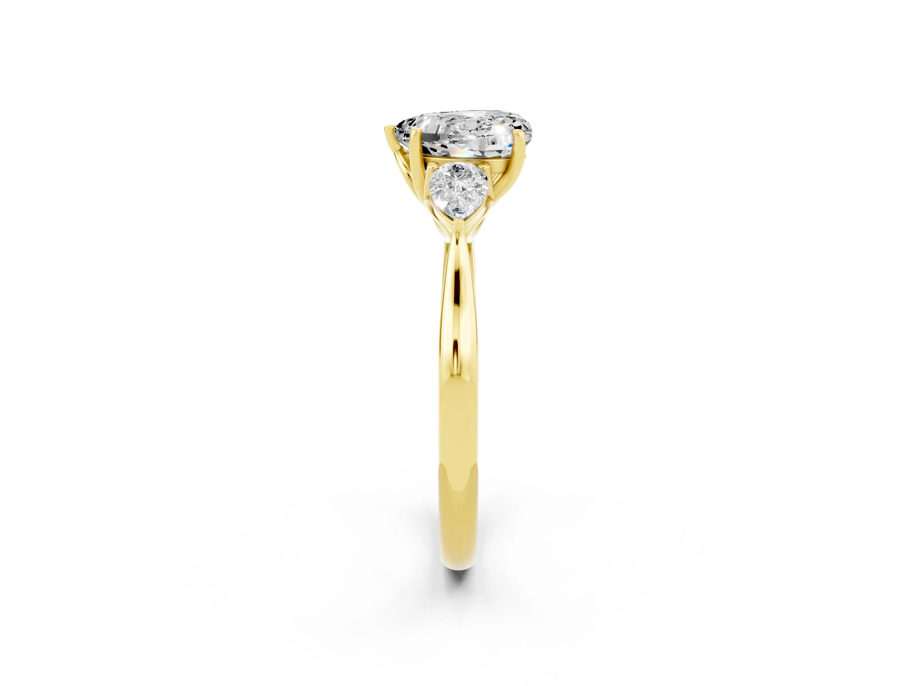 Yellow gold Heart Cut Moissanite Three-Stone Ring with Pear Side Stones and Four-Prong Setting_14