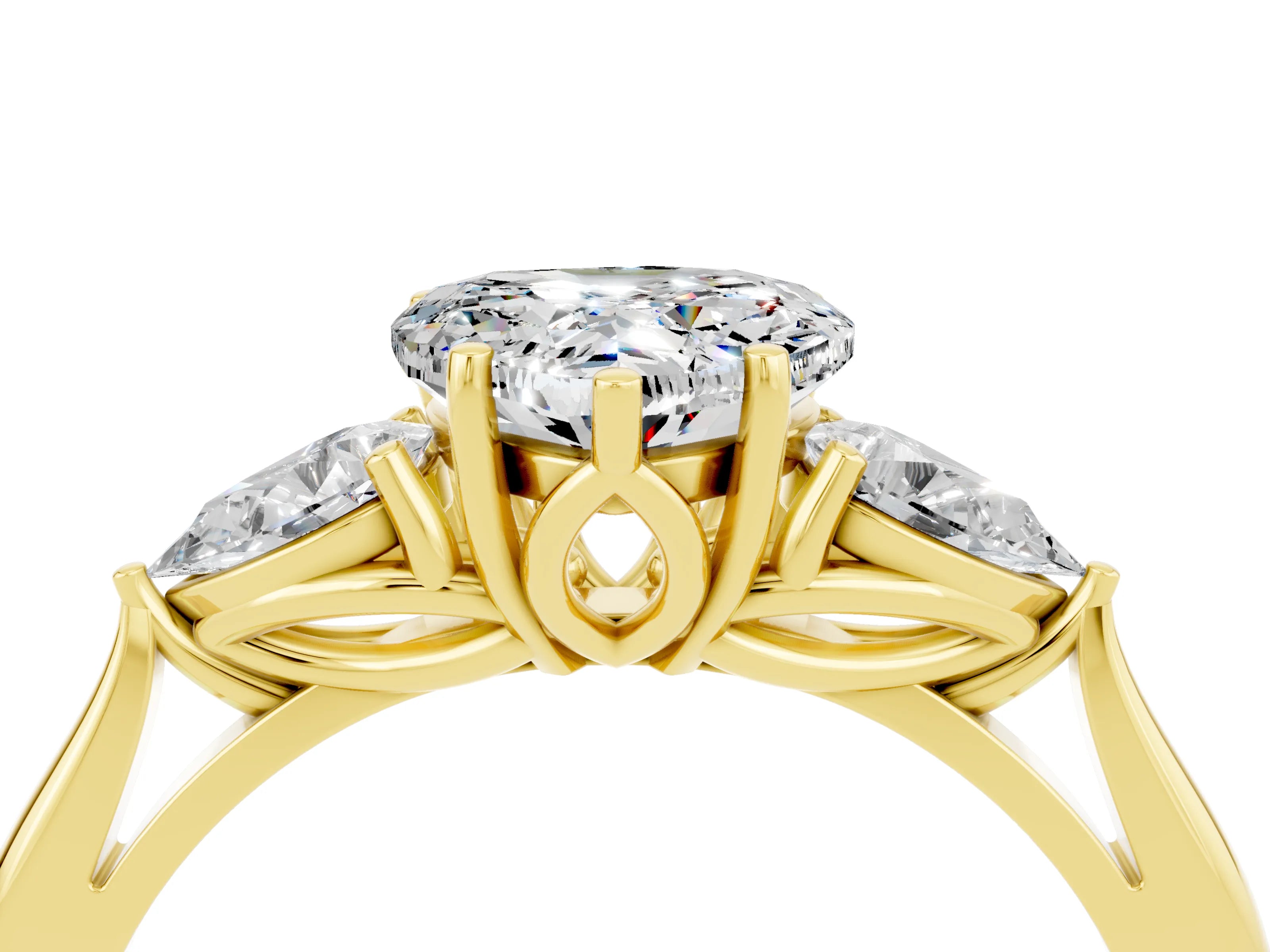 Yellow gold Heart Cut Moissanite Three-Stone Ring with Pear Side Stones and Four-Prong Setting_16