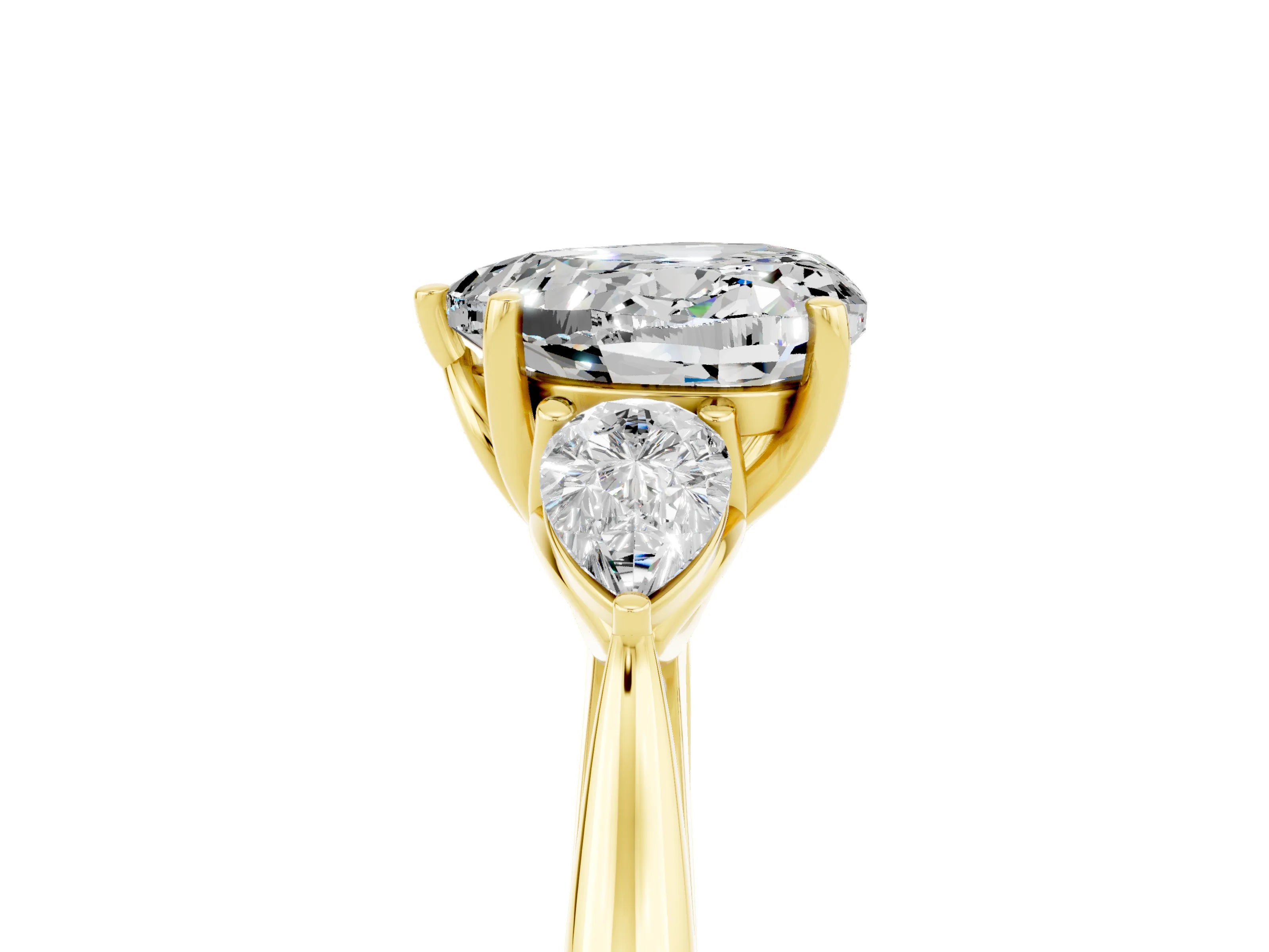 Yellow gold Heart Cut Moissanite Three-Stone Ring with Pear Side Stones and Four-Prong Setting_17