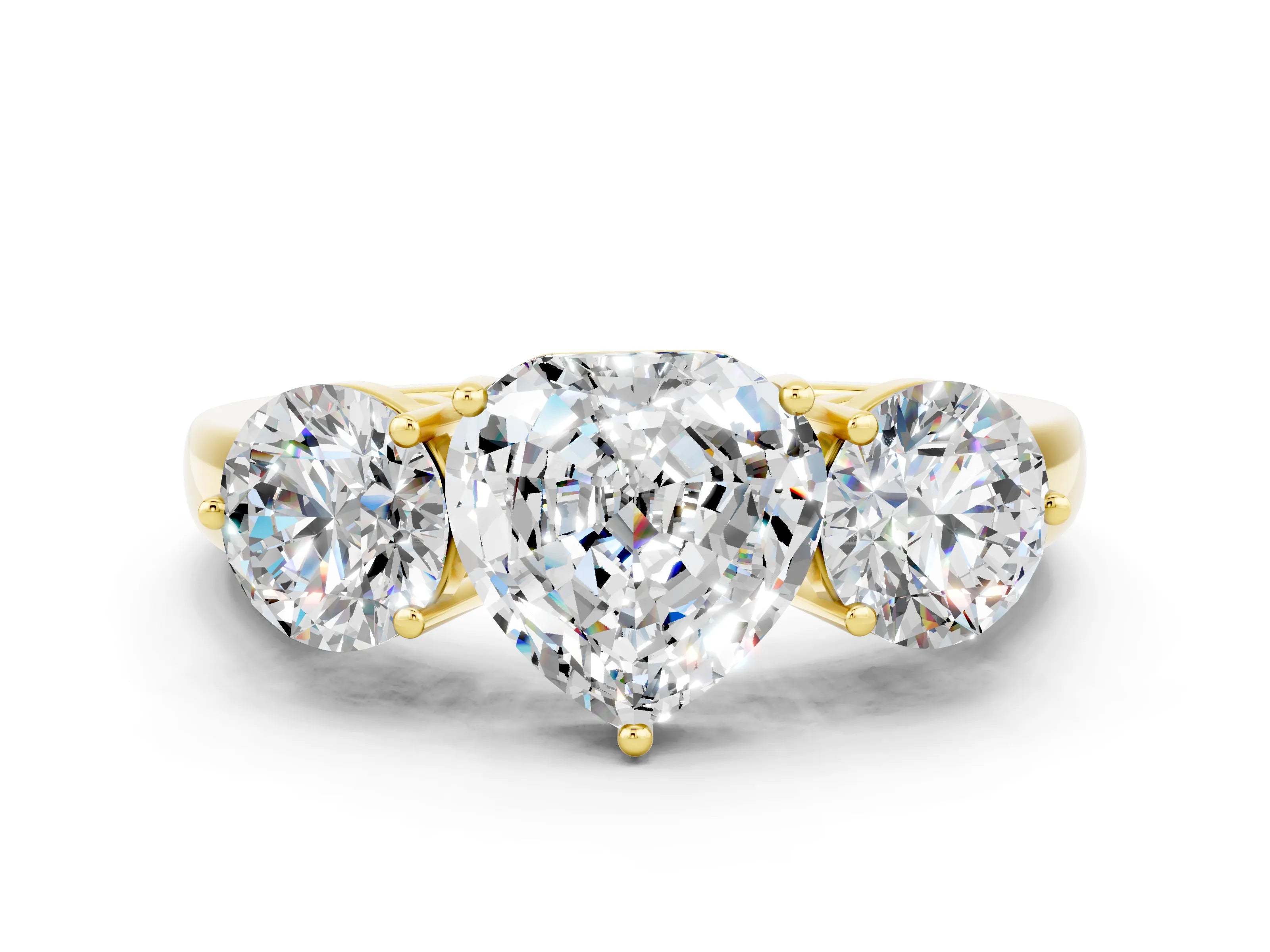 Yellow gold Heart Cut Moissanite Three-Stone Ring with Prong Setting and Classic Band