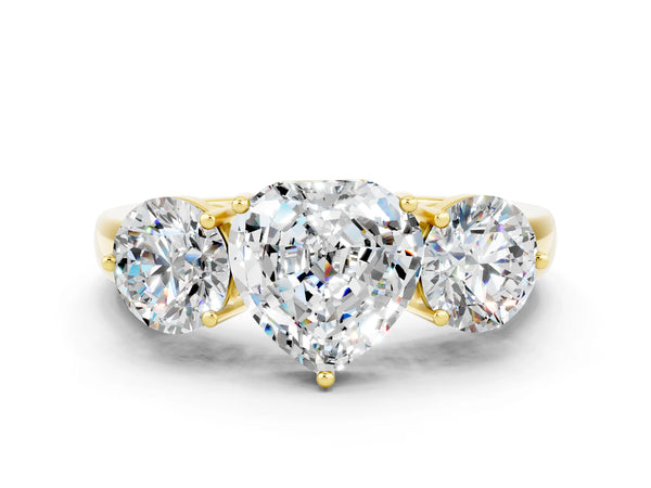Yellow gold Heart Cut Moissanite Three-Stone Ring with Prong Setting and Classic Band