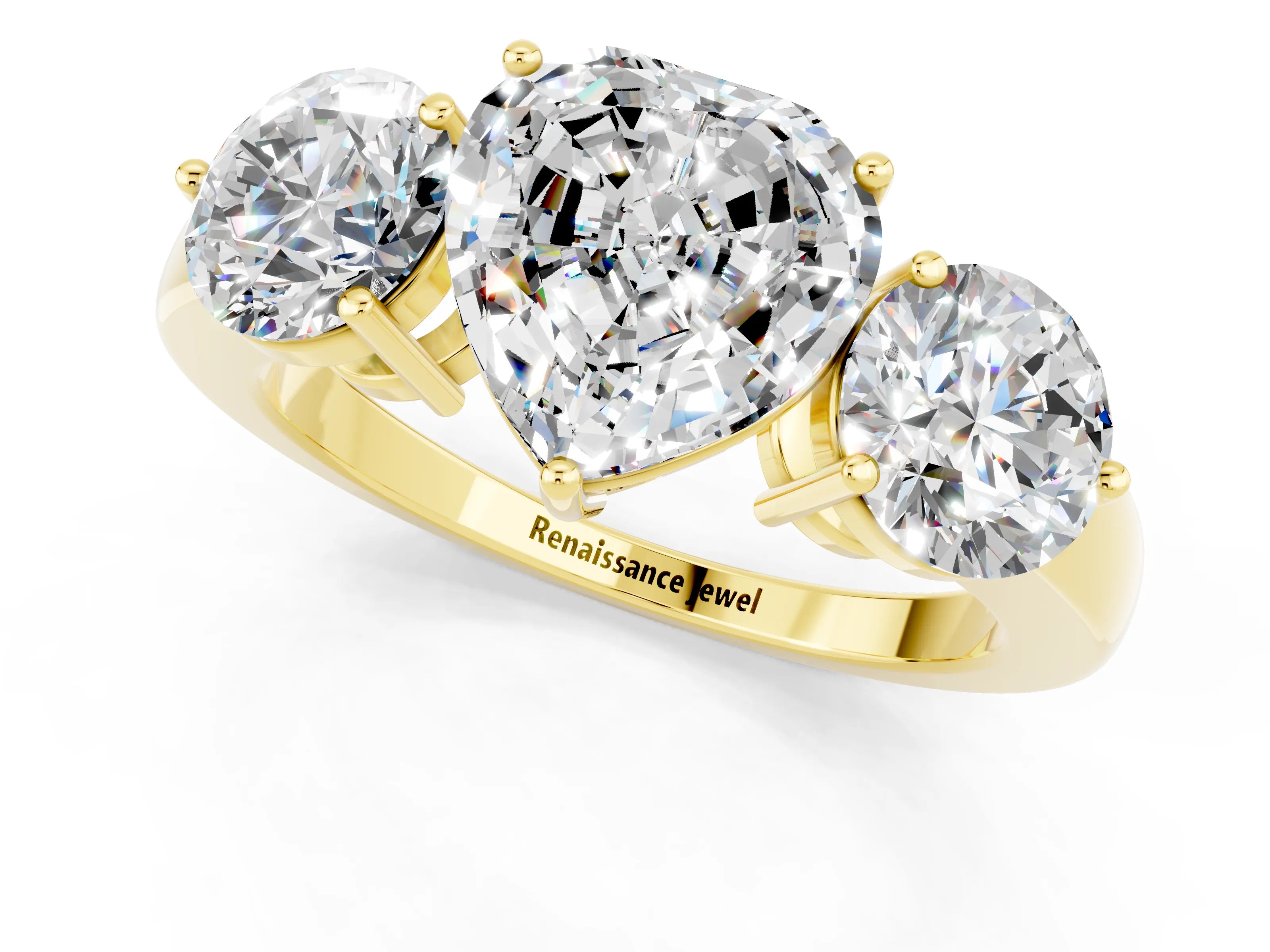 Yellow gold Heart Cut Moissanite Three-Stone Ring with Prong Setting and Classic Band_1