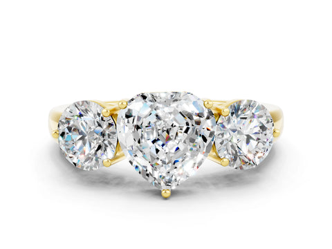 Yellow gold Heart Cut Moissanite Three-Stone Ring with Prong Setting and Classic Band
