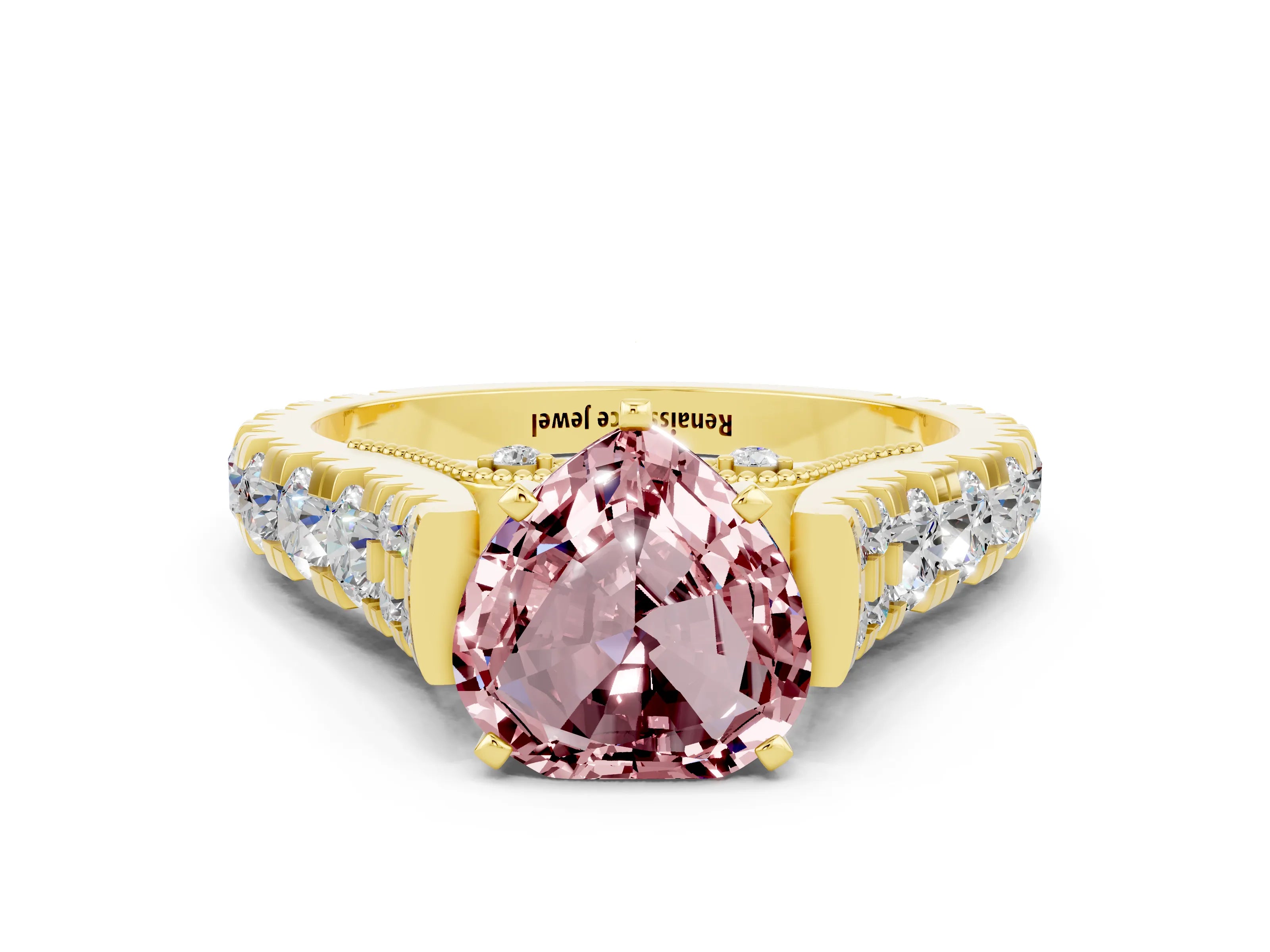 Yellow gold Heart Cut Morganite Classic Solitaire Ring with Pavé Band and Four-Prong Setting
