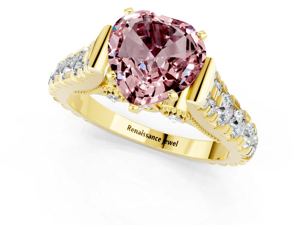 Yellow gold Heart Cut Morganite Classic Solitaire Ring with Pavé Band and Four-Prong Setting