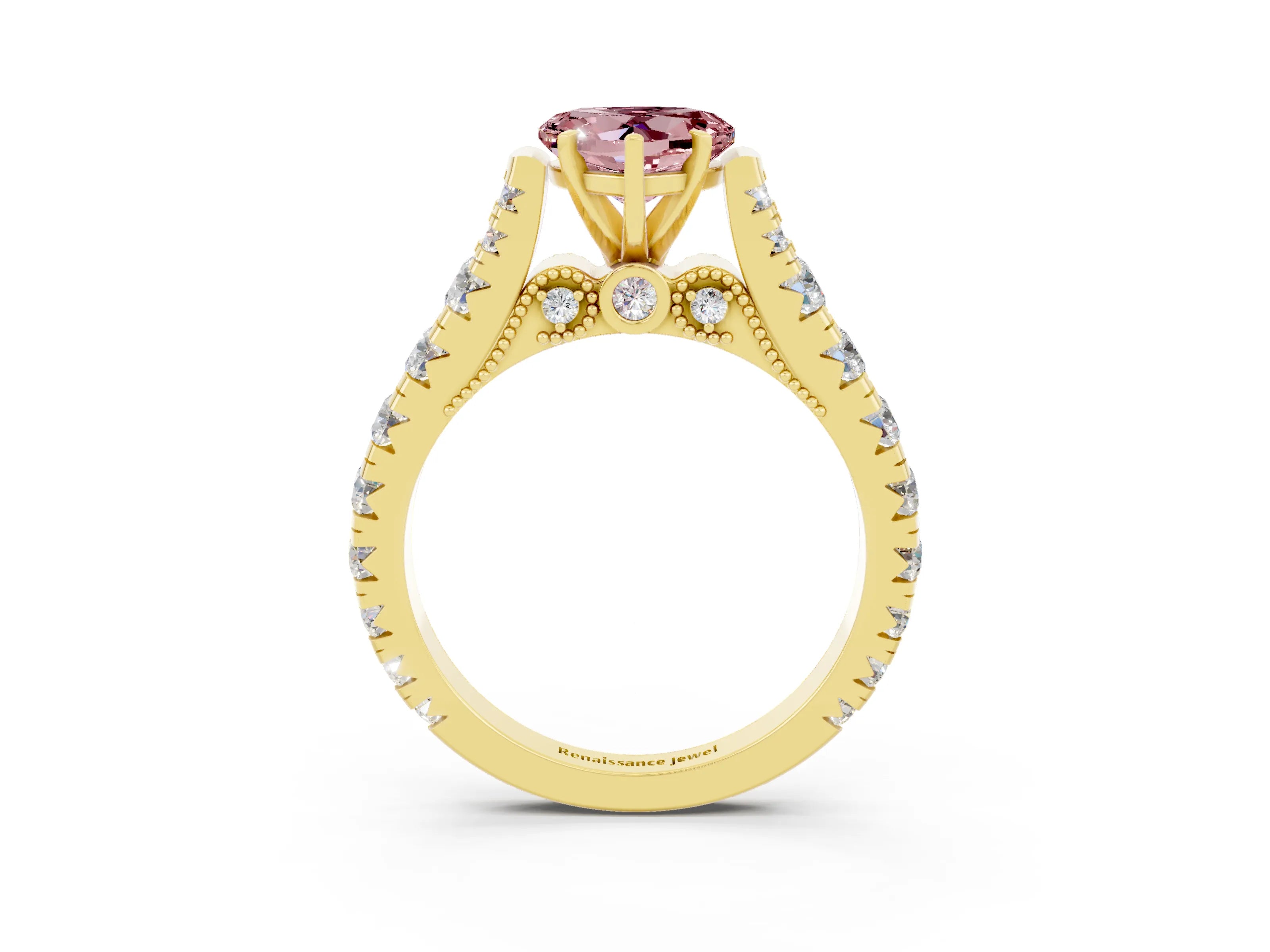 Yellow gold Heart Cut Morganite Classic Solitaire Ring with Pavé Band and Four-Prong Setting_3