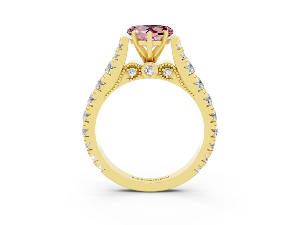 Yellow gold Heart Cut Morganite Classic Solitaire Ring with Pavé Band and Four-Prong Setting