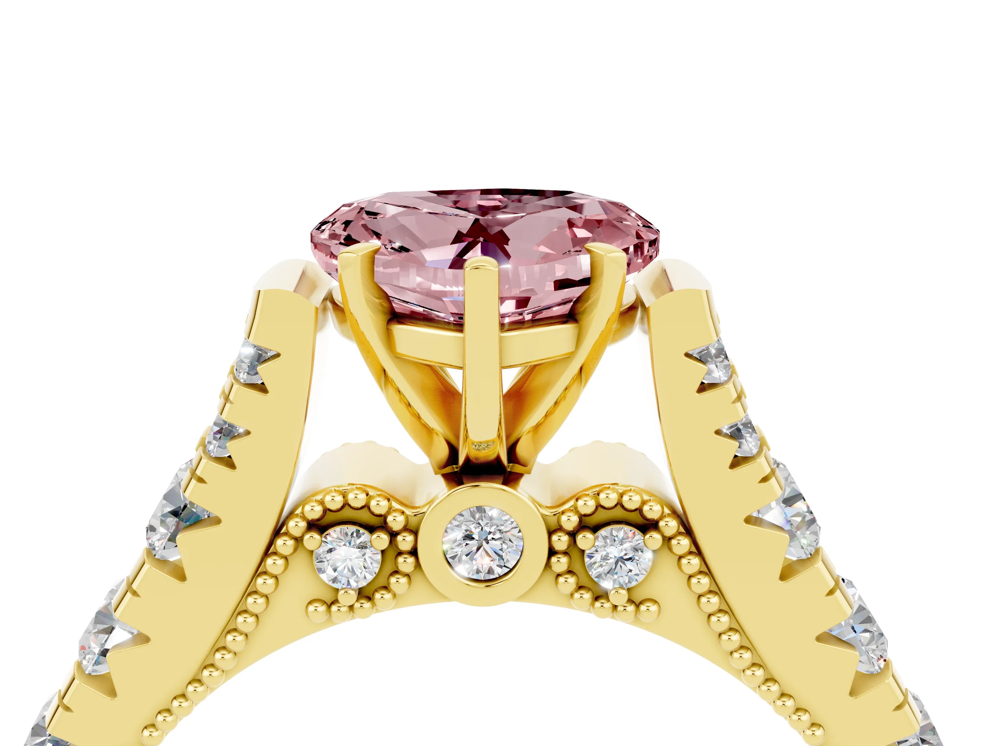 Yellow gold Heart Cut Morganite Classic Solitaire Ring with Pavé Band and Four-Prong Setting_4