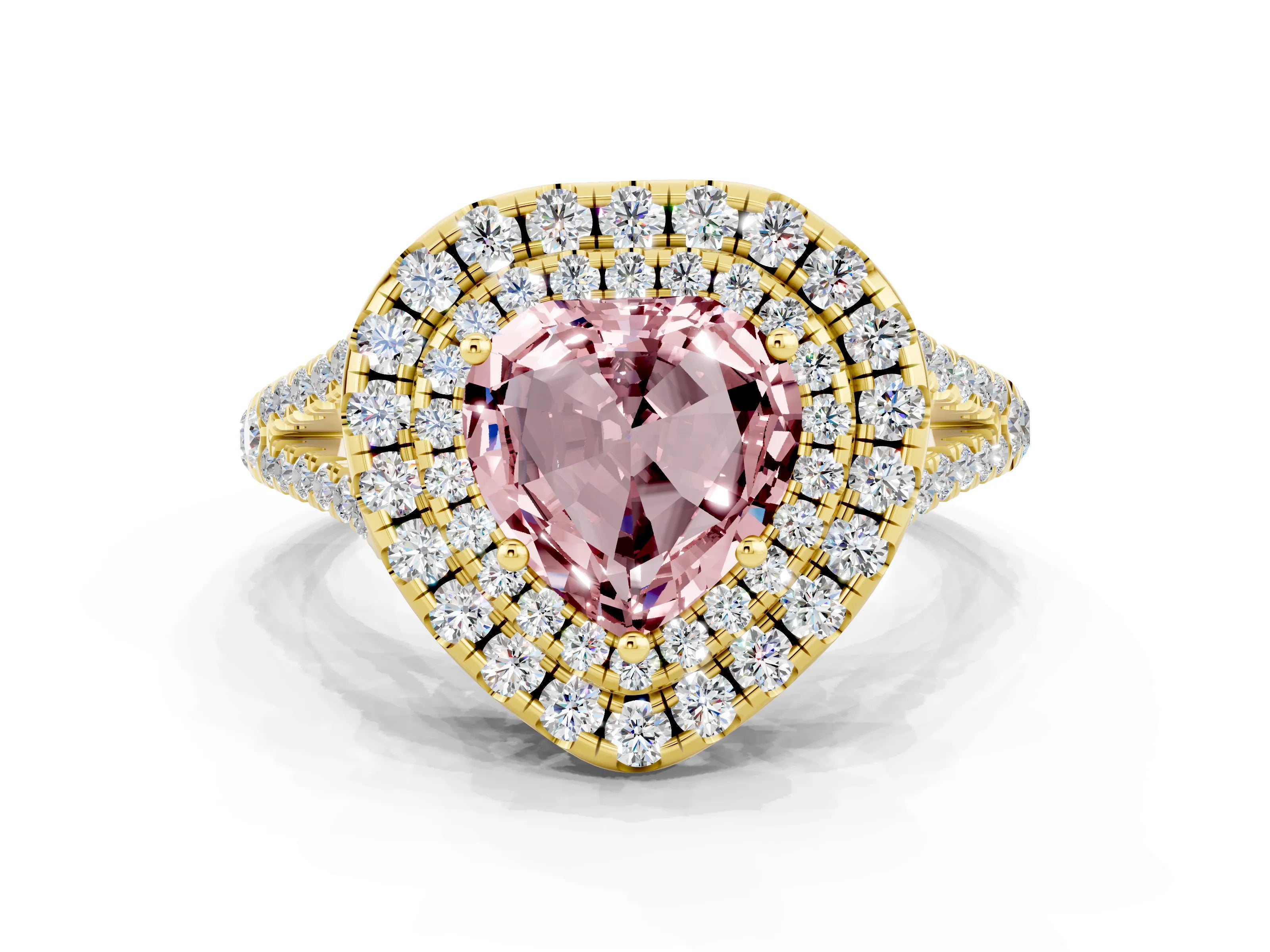 Yellow gold Heart Cut Morganite Double Halo Ring with Pavé Band and Prong Setting_12