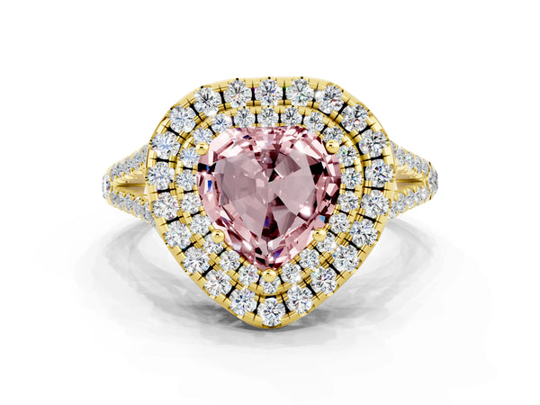 Yellow gold Heart Cut Morganite Double Halo Ring with Pavé Band and Prong Setting