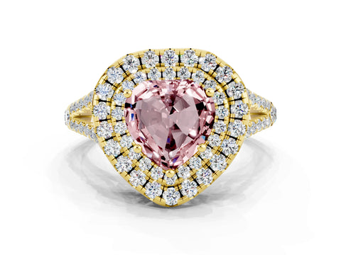 Yellow gold Heart Cut Morganite Double Halo Ring with Pavé Band and Prong Setting_12