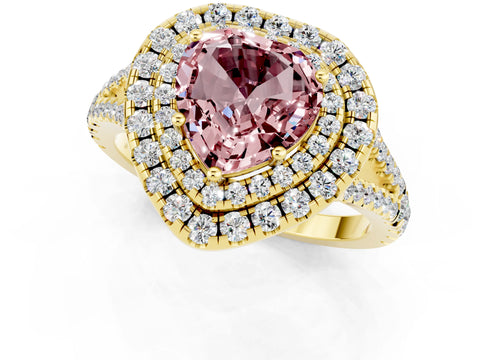 Yellow gold Heart Cut Morganite Double Halo Ring with Pavé Band and Prong Setting_13
