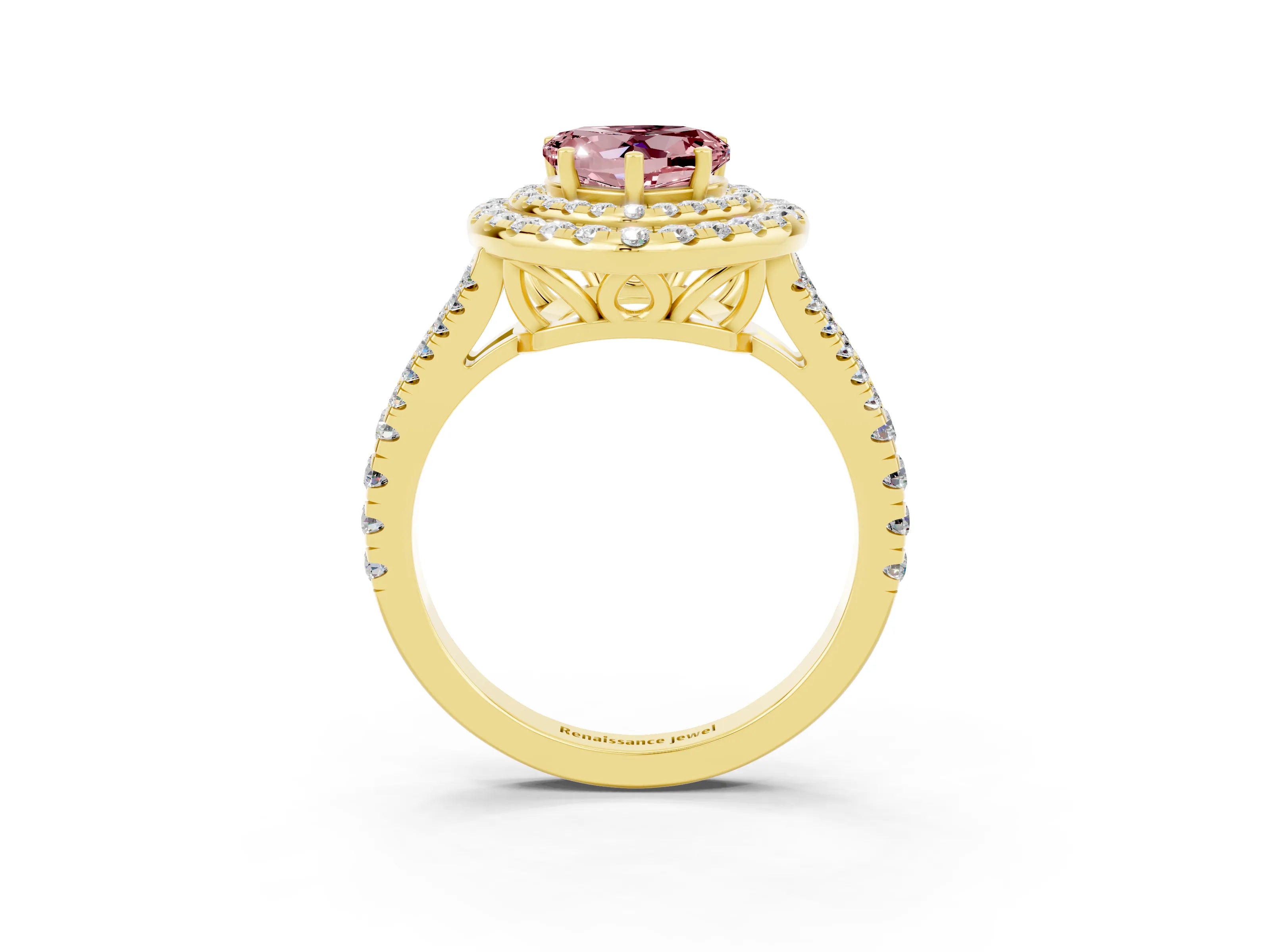 Yellow gold Heart Cut Morganite Double Halo Ring with Pavé Band and Prong Setting_15