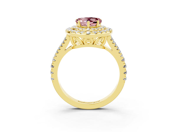 Yellow gold Heart Cut Morganite Double Halo Ring with Pavé Band and Prong Setting