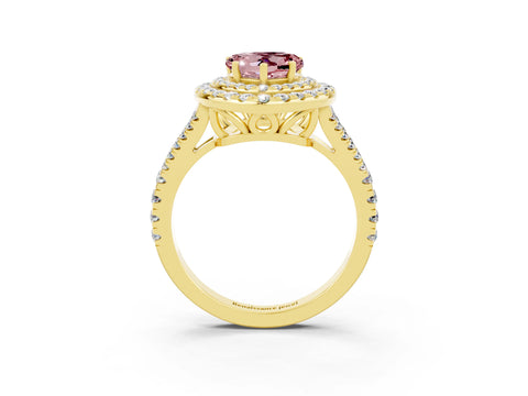 Yellow gold Heart Cut Morganite Double Halo Ring with Pavé Band and Prong Setting_15