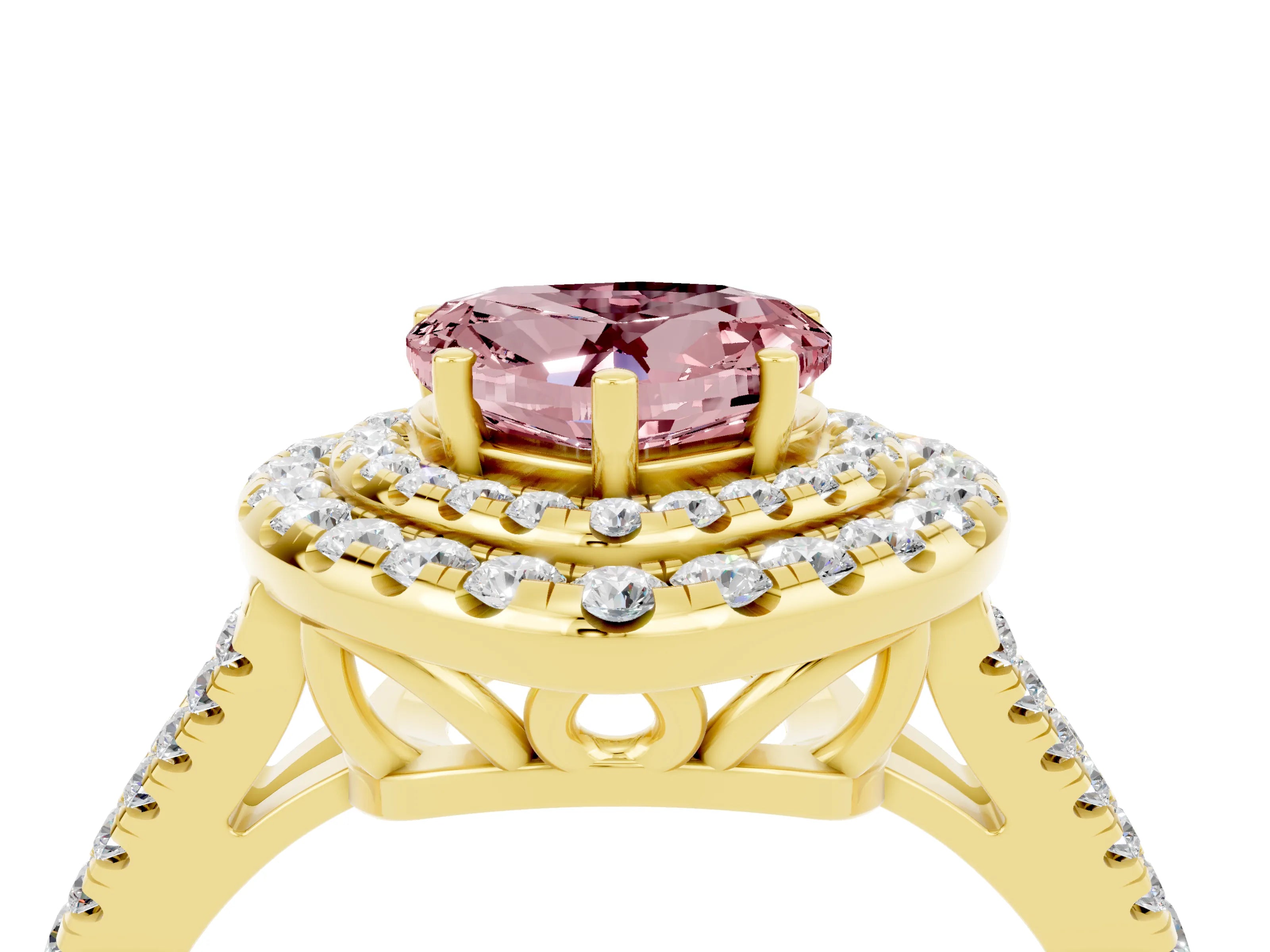 Yellow gold Heart Cut Morganite Double Halo Ring with Pavé Band and Prong Setting_16