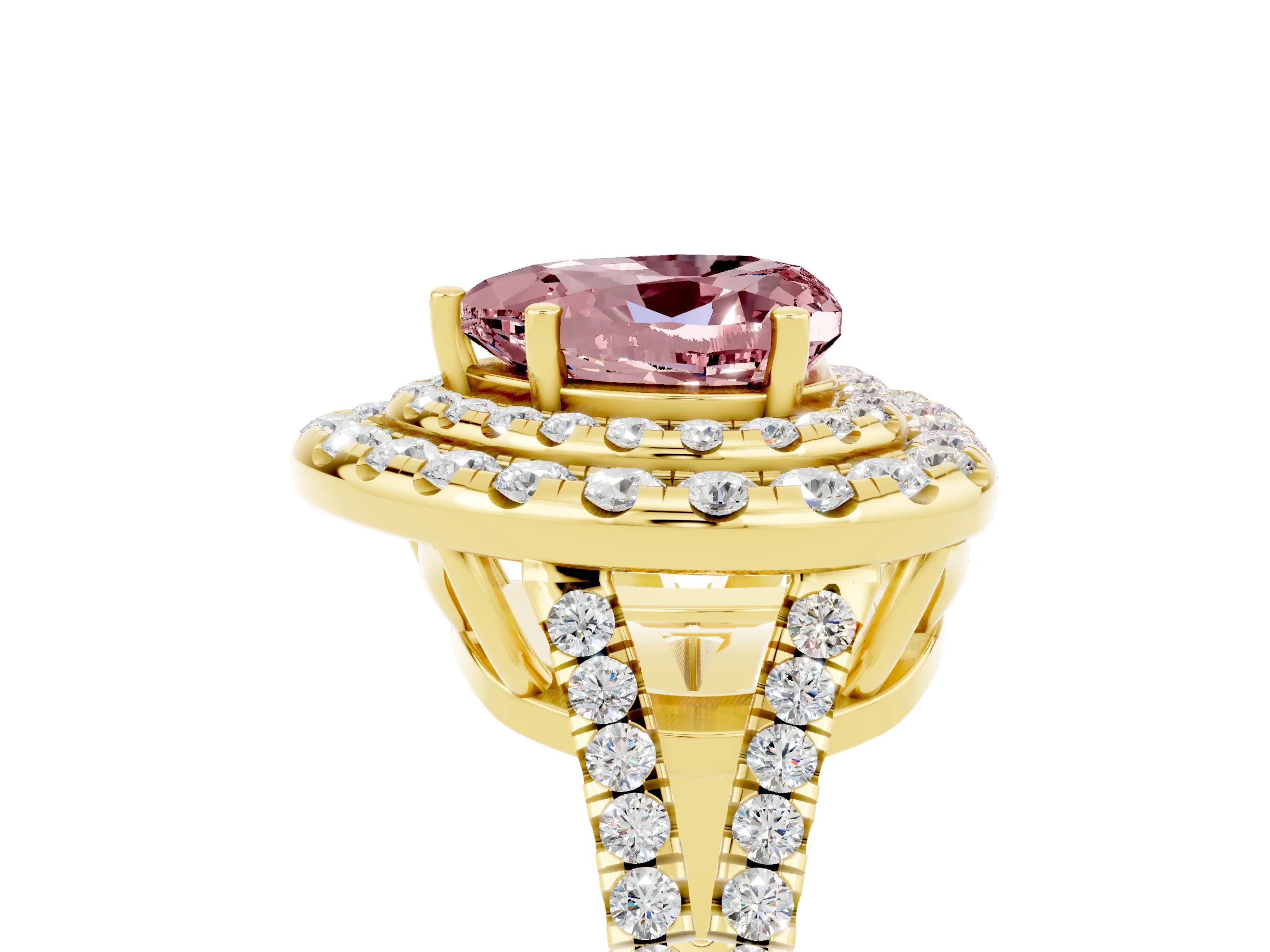 Yellow gold Heart Cut Morganite Double Halo Ring with Pavé Band and Prong Setting_17