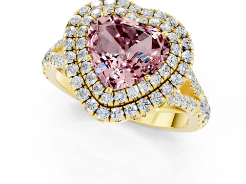 Yellow gold Heart Cut Morganite Double Halo Ring with Split Shank and Prong Setting_13