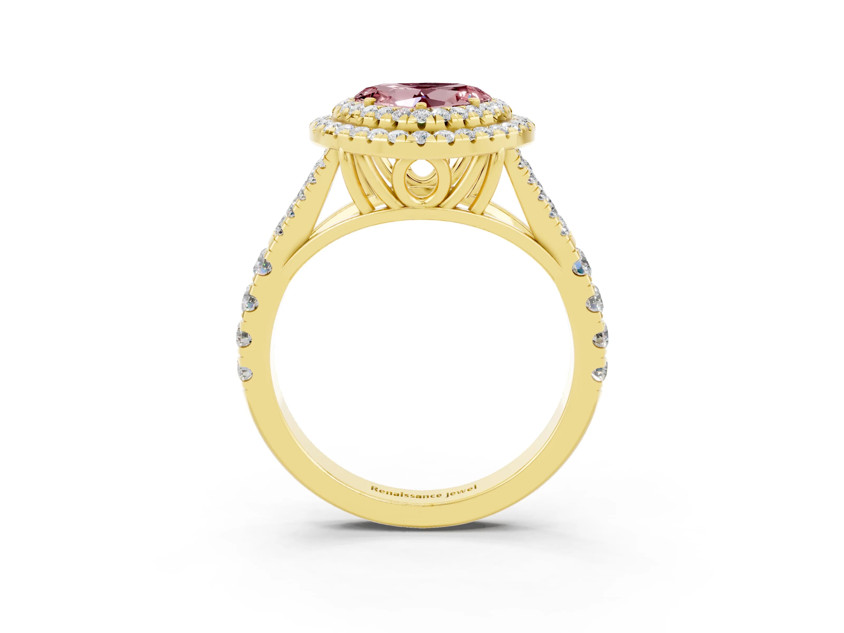 Yellow gold Heart Cut Morganite Double Halo Ring with Split Shank and Prong Setting_15