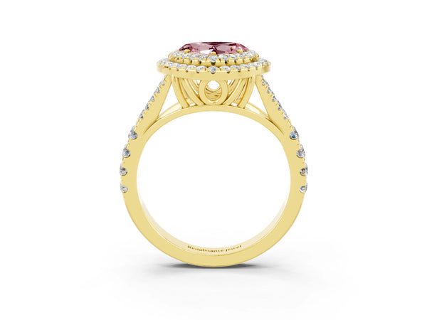 Yellow gold Heart Cut Morganite Double Halo Ring with Split Shank and Prong Setting
