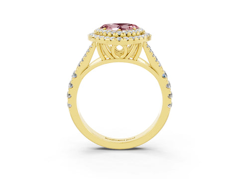 Yellow gold Heart Cut Morganite Double Halo Ring with Split Shank and Prong Setting_15