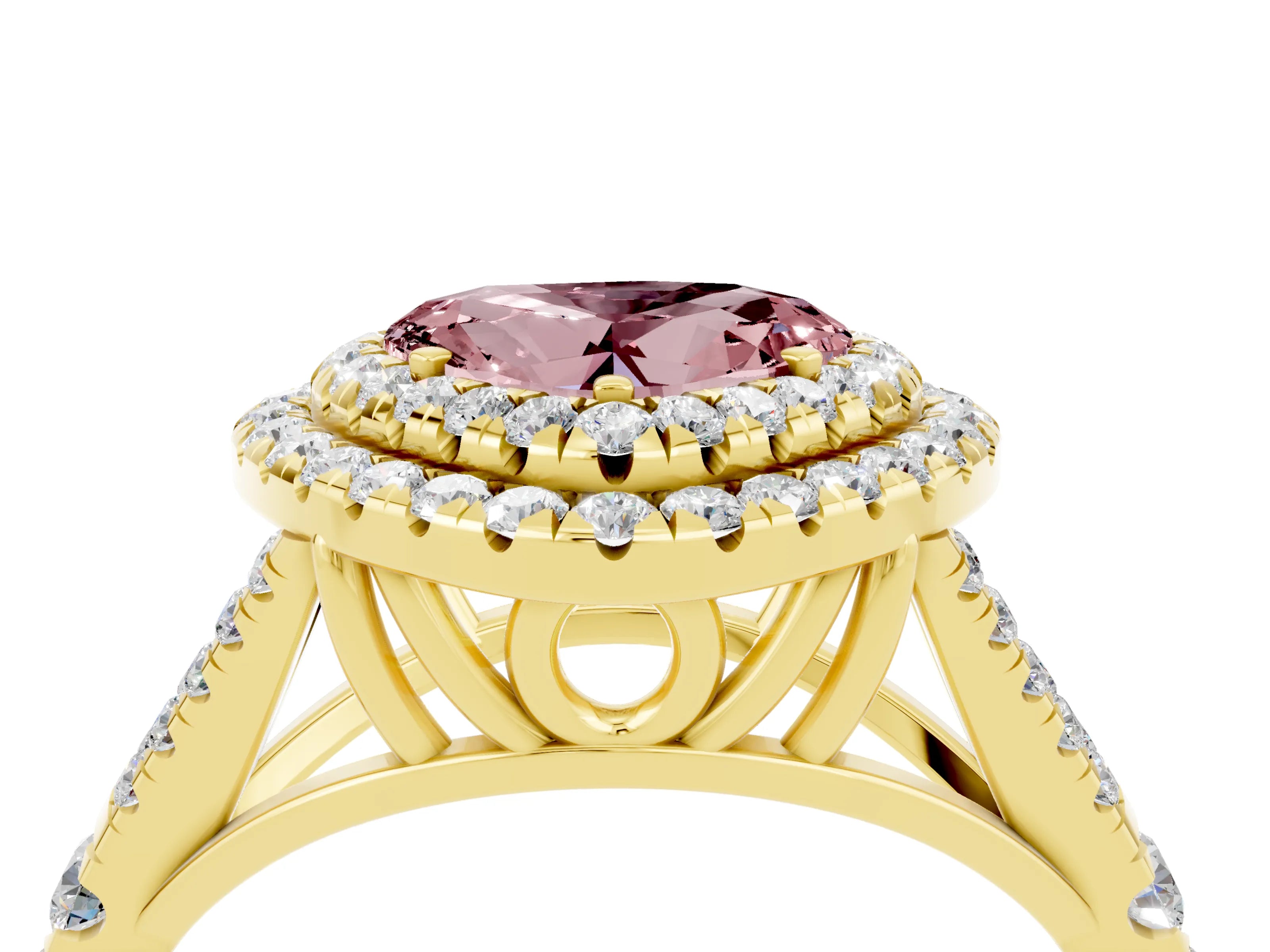 Yellow gold Heart Cut Morganite Double Halo Ring with Split Shank and Prong Setting_16