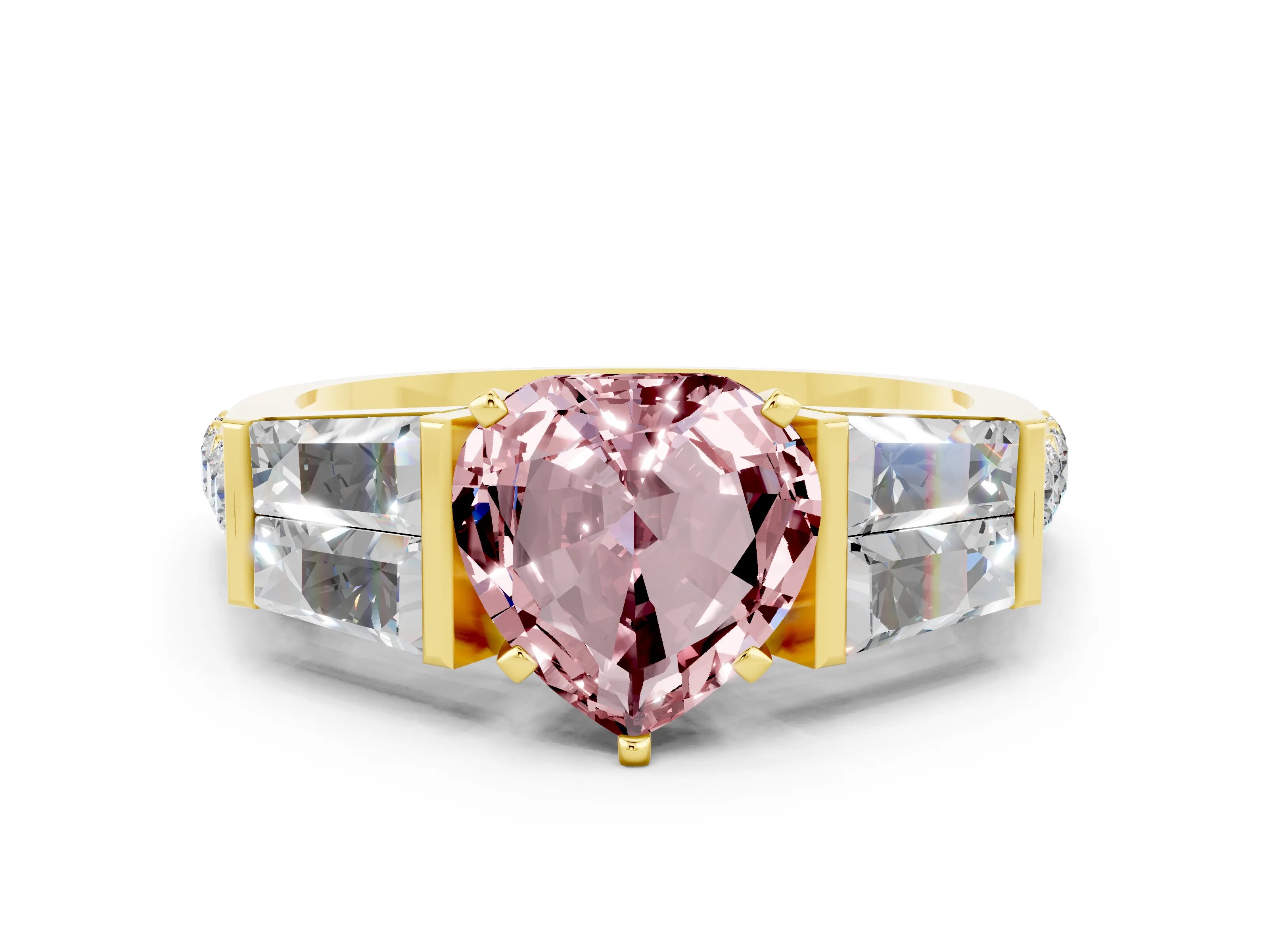 Yellow gold Heart Cut Morganite Engagement Ring with Baguette Side Stones and Channel Set Band