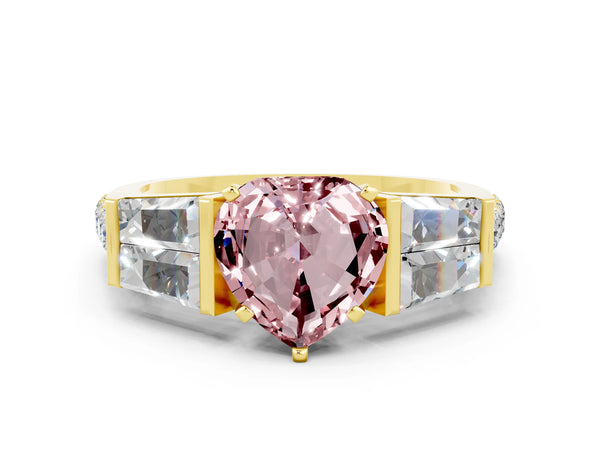 Yellow gold Heart Cut Morganite Engagement Ring with Baguette Side Stones and Channel Set Band