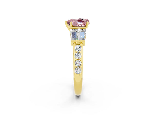 Yellow gold Heart Cut Morganite Engagement Ring with Baguette Side Stones and Channel Set Band