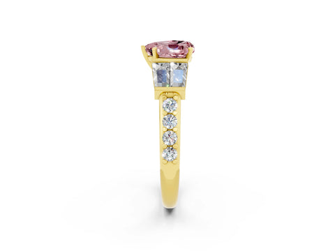Yellow gold Heart Cut Morganite Engagement Ring with Baguette Side Stones and Channel Set Band_2